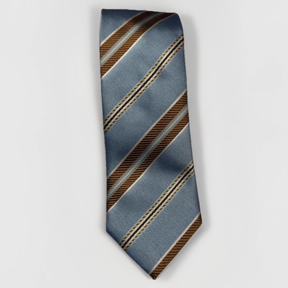 Ermenegildo Zegna Silk Designer Tie | Light Blue with Dark Gold Stripes